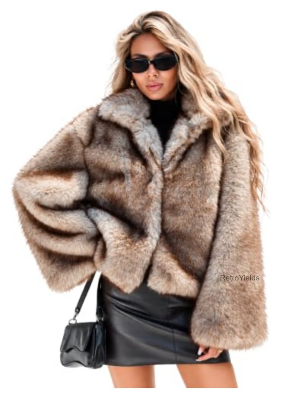 Women's Two-Tone Faux Fur Coat Cropped Fluffy Jacket Lapel Collar Winter